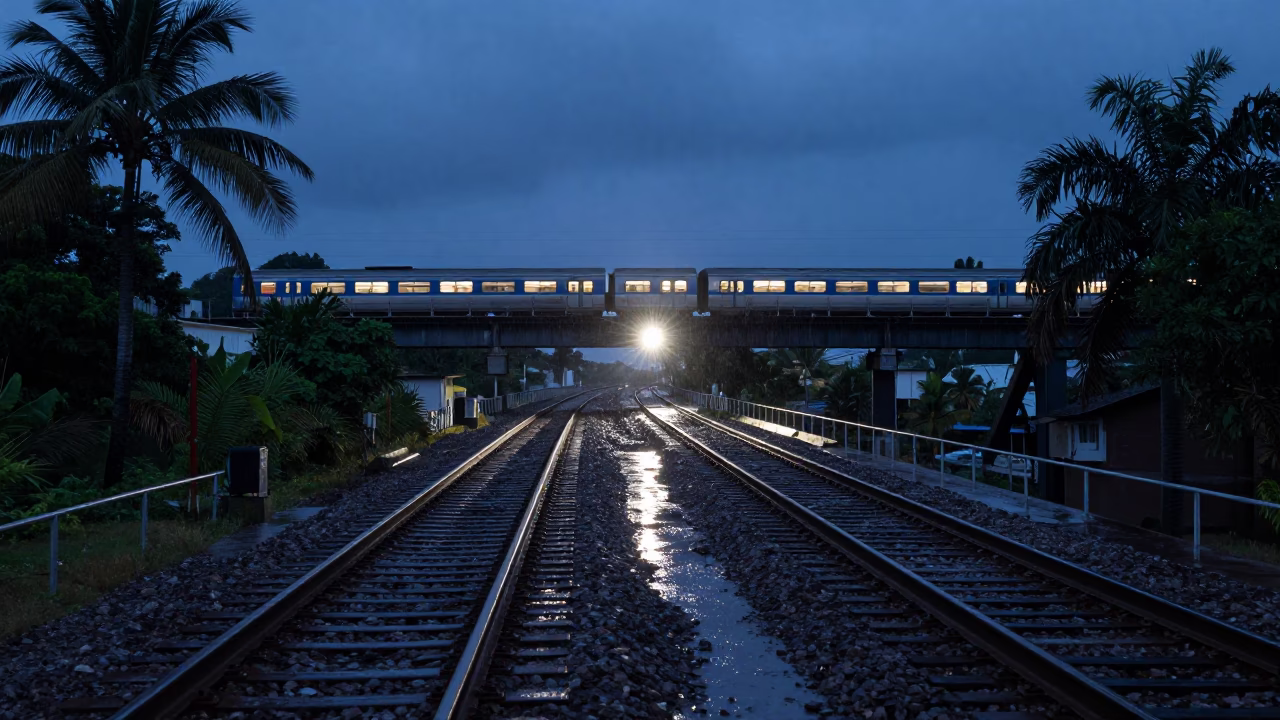 Silhouetted Train on Bridge at Dominican Twilight in along a switchback approach in Dominican Republic