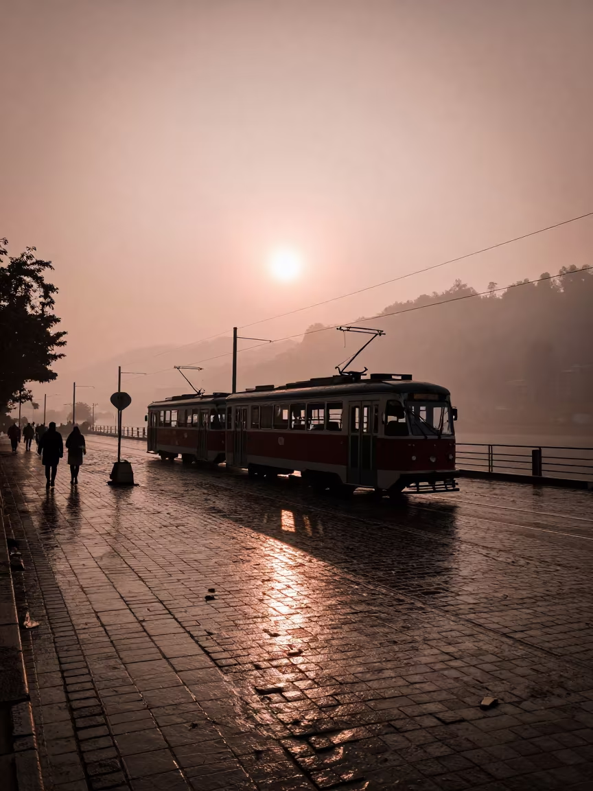 Silhouetted Tramcar Reflected in Rain on Cobblestones in beside a fogbound harbor mouth in Himachal Pradesh