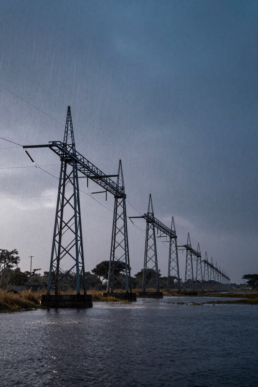 Silhouetted Transmission Corridor Along Botswana Levee in along a levee path above floodwater in Botswana