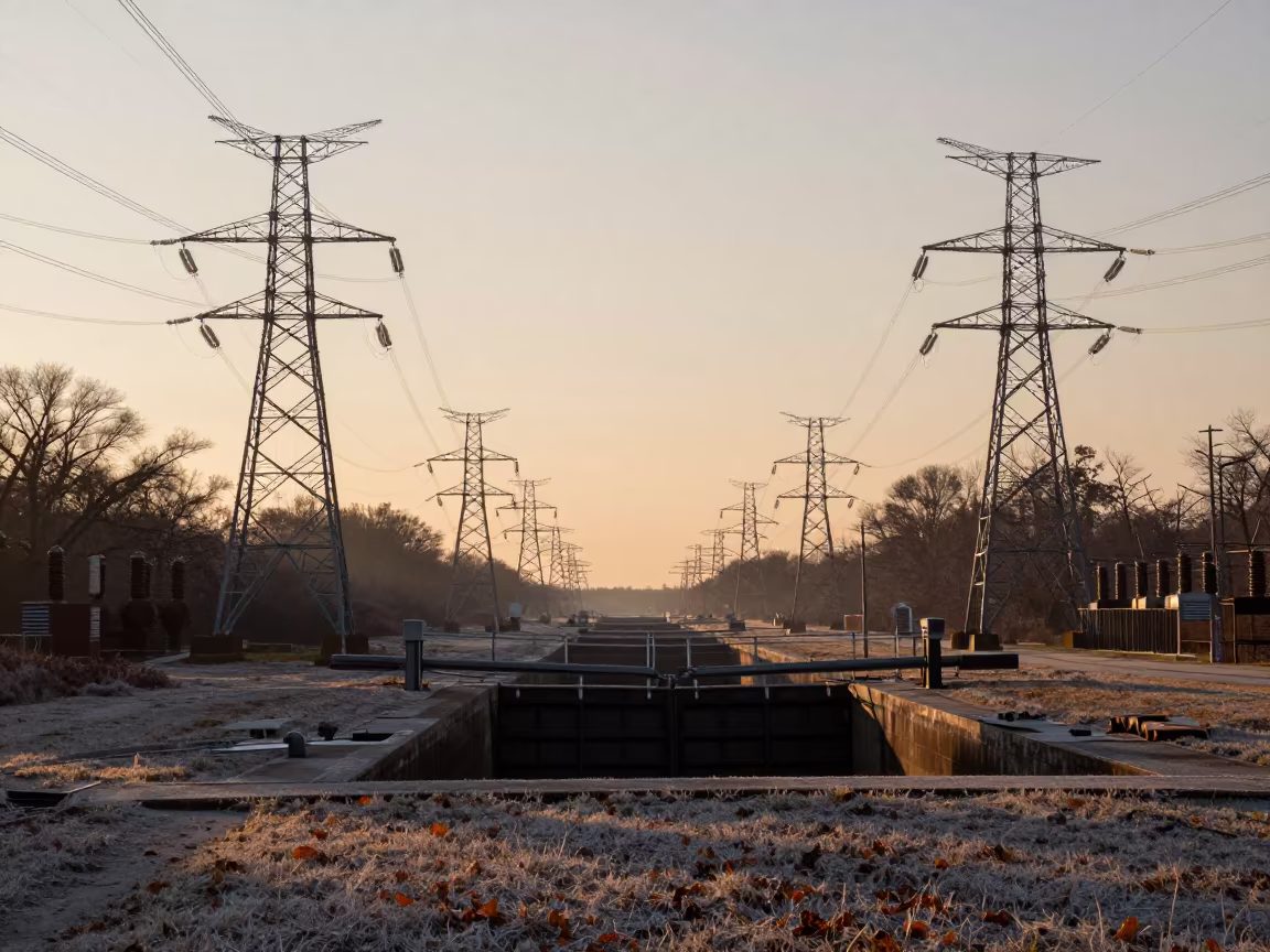 Silhouetted Transmission Towers Over Delaware Canal Lock in at a canal lock chamber in Delaware