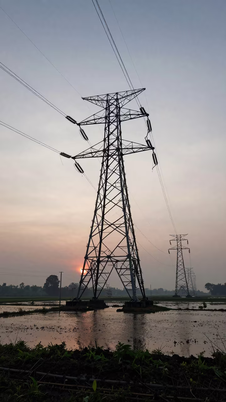 Silhouetted Transmission Towers Over Flooded West Bengal Fields in beside a water tower ladder in West Bengal