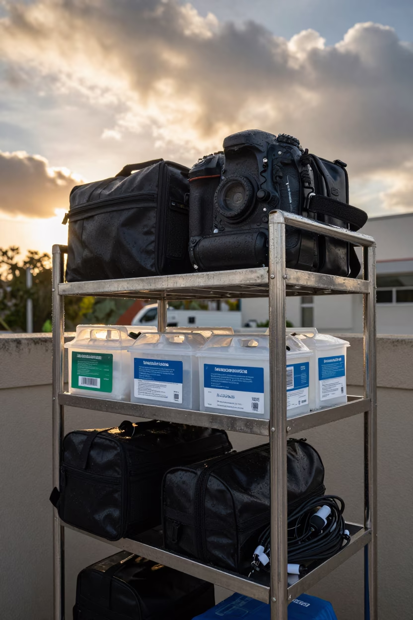 Silhouetted Trauma Bags on Hospital Restock Rack in outside a hospital emergency entrance in Esmeraldas