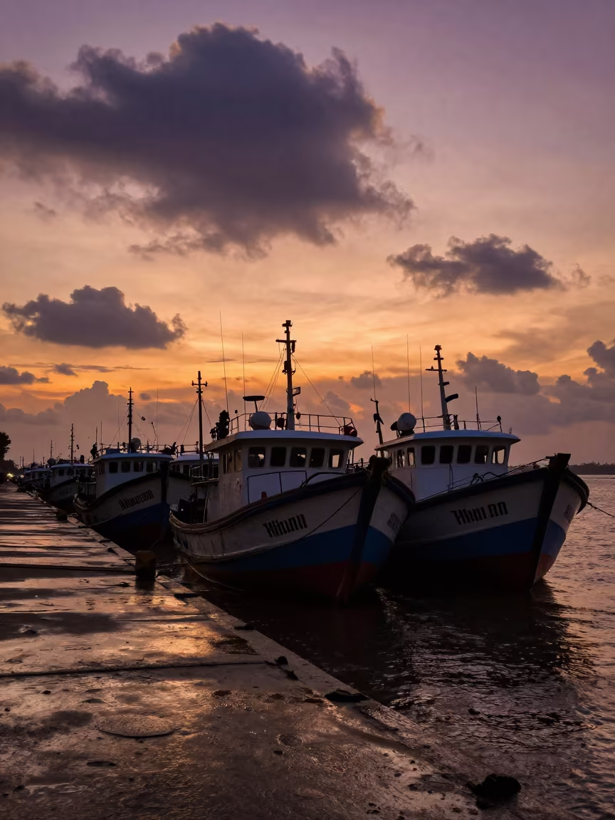 Silhouetted Trawler Fleet at Mumbai Sunset in on a wind-open causeway near Mumbai