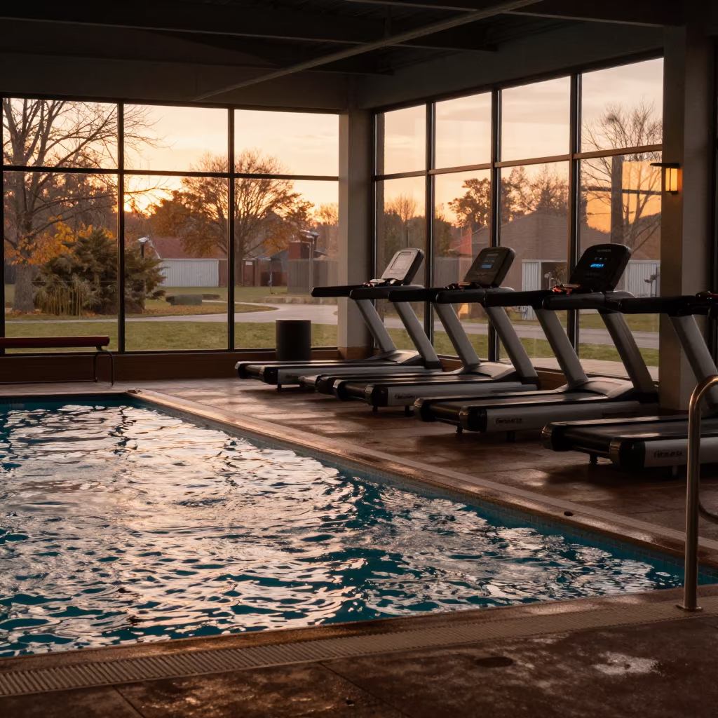 Silhouetted Treadmill Consoles in Golden Hour Gym in on an indoor lap-pool deck before open swim in Preston
