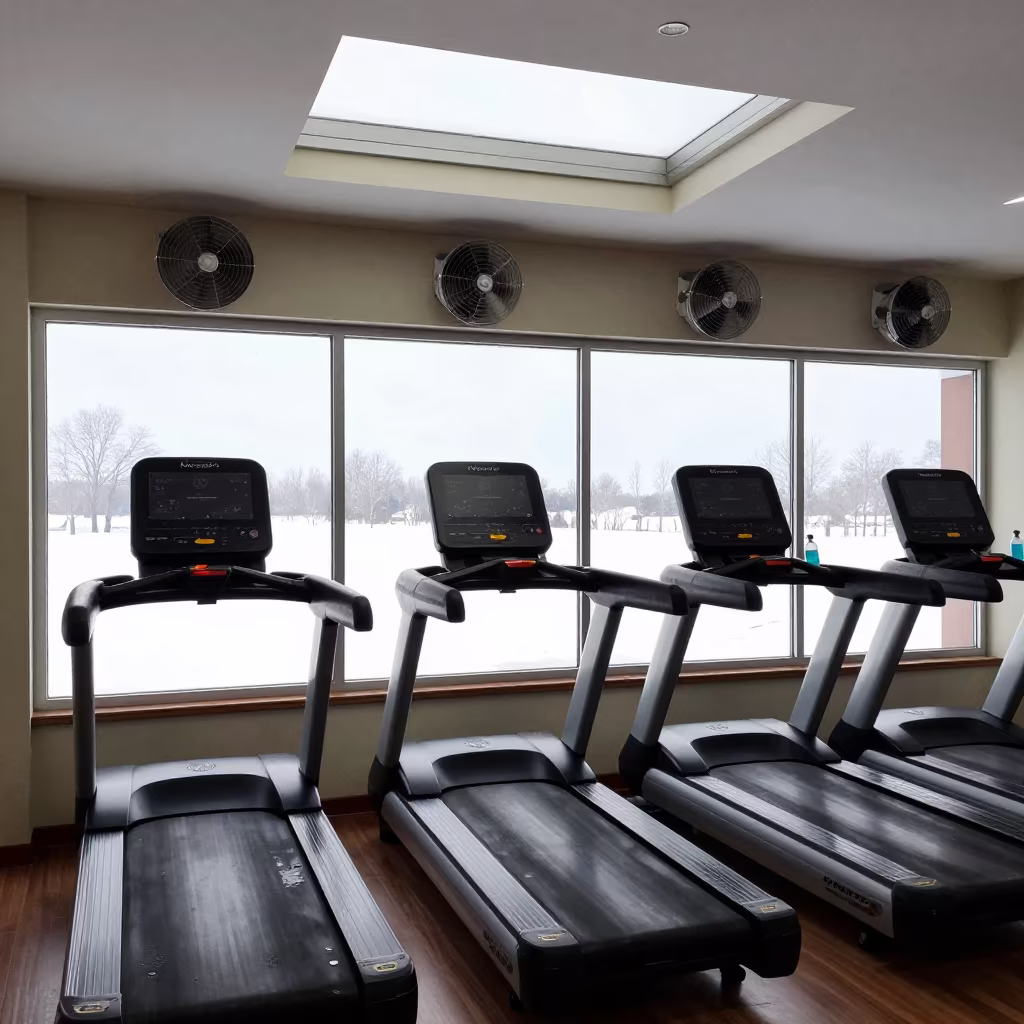 Silhouetted Treadmill Deck with Sanitizer and Fans in inside a cardio floor facing tall windows near Navoiy