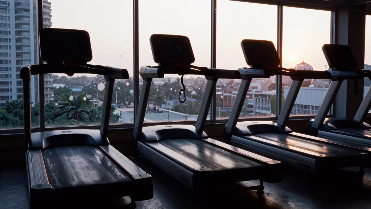 Silhouetted Treadmill Key Rail at Lagos Sunset in inside a cardio floor facing tall windows in Ikoyi, Lagos