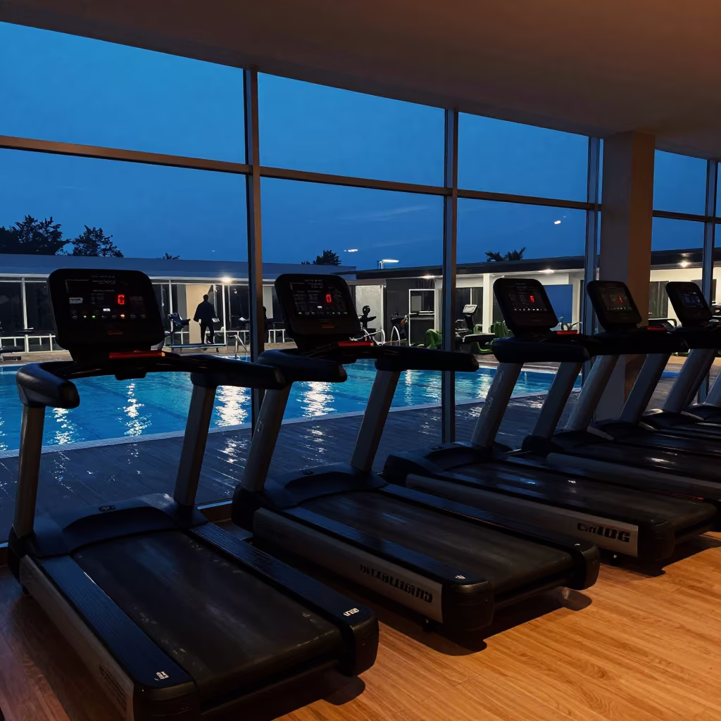 Silhouetted Treadmills in Glass Gym at Blue Hour in on an indoor lap-pool deck before open swim in Mongu