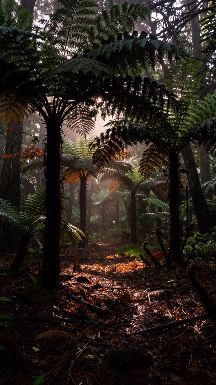 Silhouetted Tree Ferns in Autumn Twilight Shadow in on a fern-lined forest floor near Karaganda