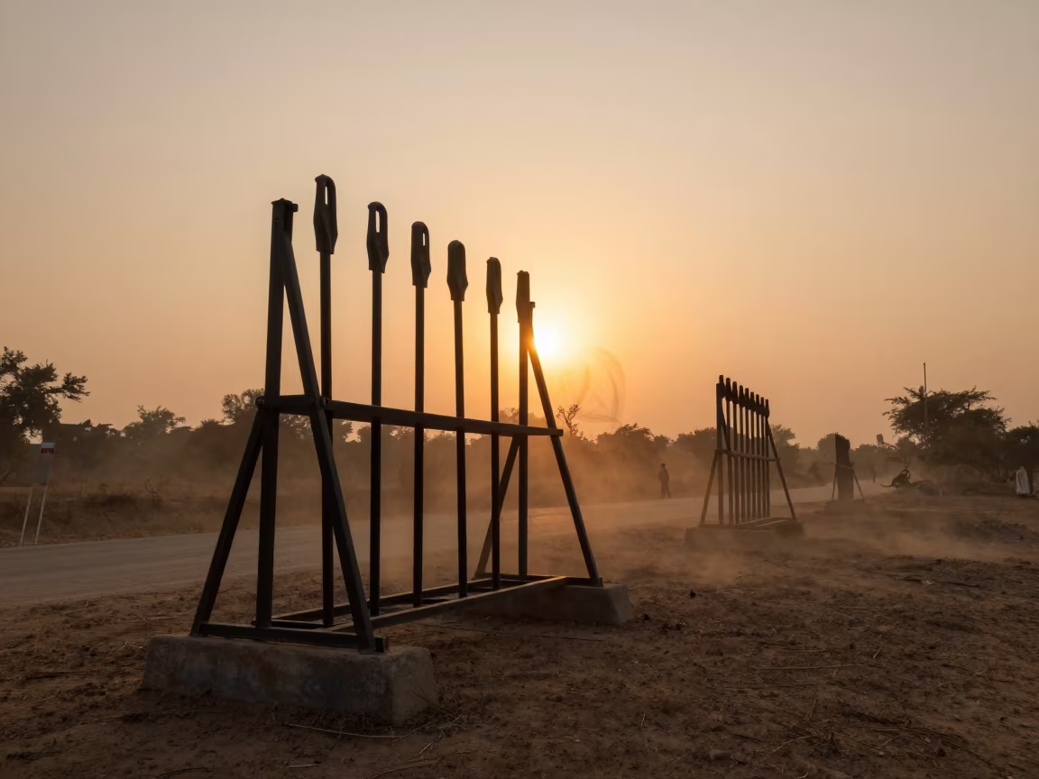 Silhouetted Trench Tool Rack at Bihar Checkpoint Twilight in at a checkpoint lane in Bihar
