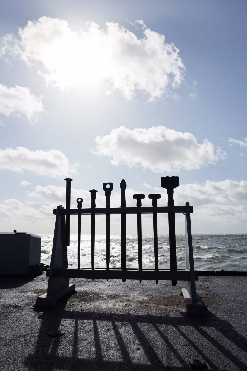 Silhouetted Trench Tool Rack on Rough Naval Deck in on a naval deck in rough wind in the Rhine Valley