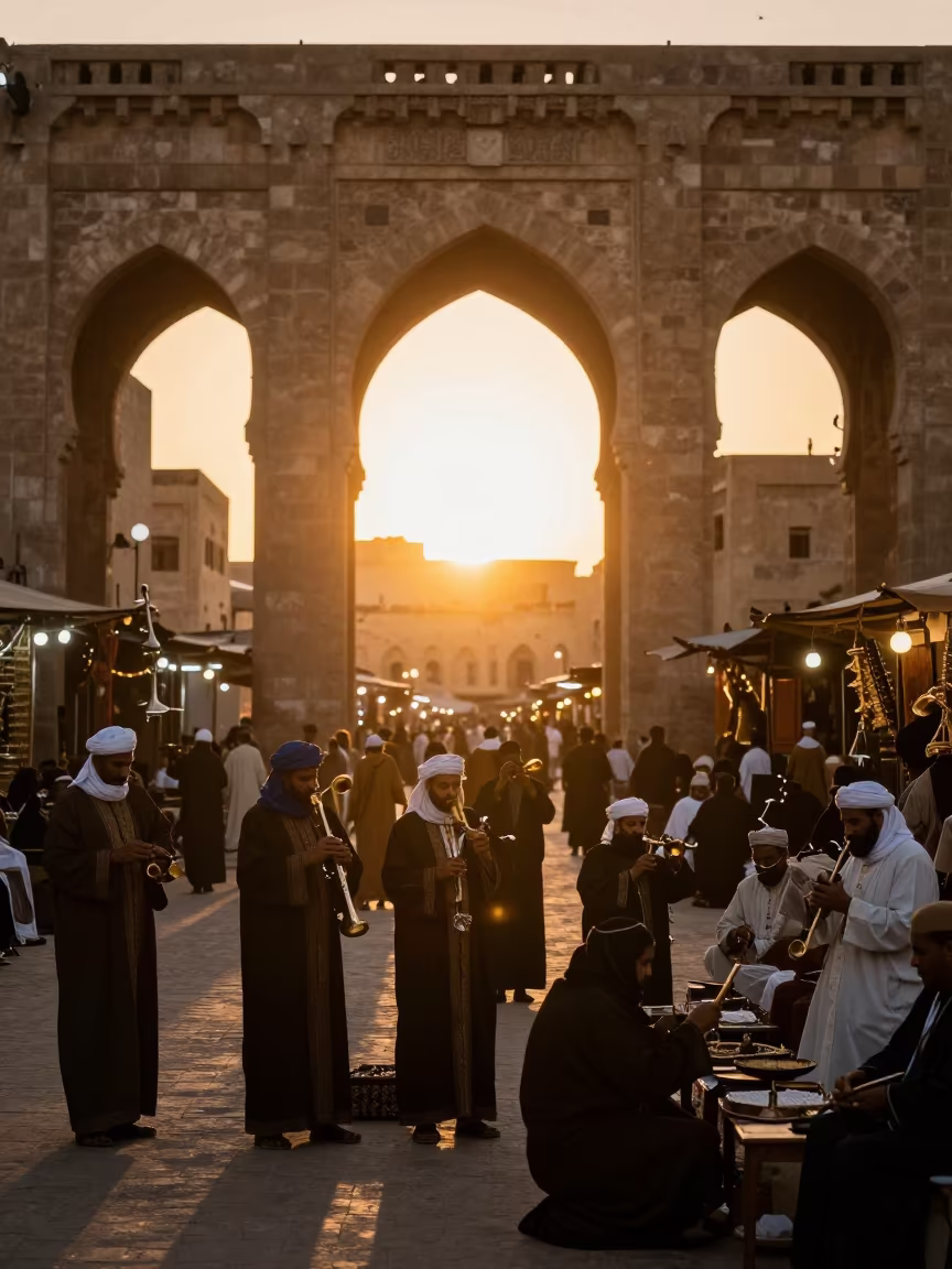 Silhouetted Tuareg Musicians at Cairo Night Market in at a night market in Khan el-Khalili, Cairo