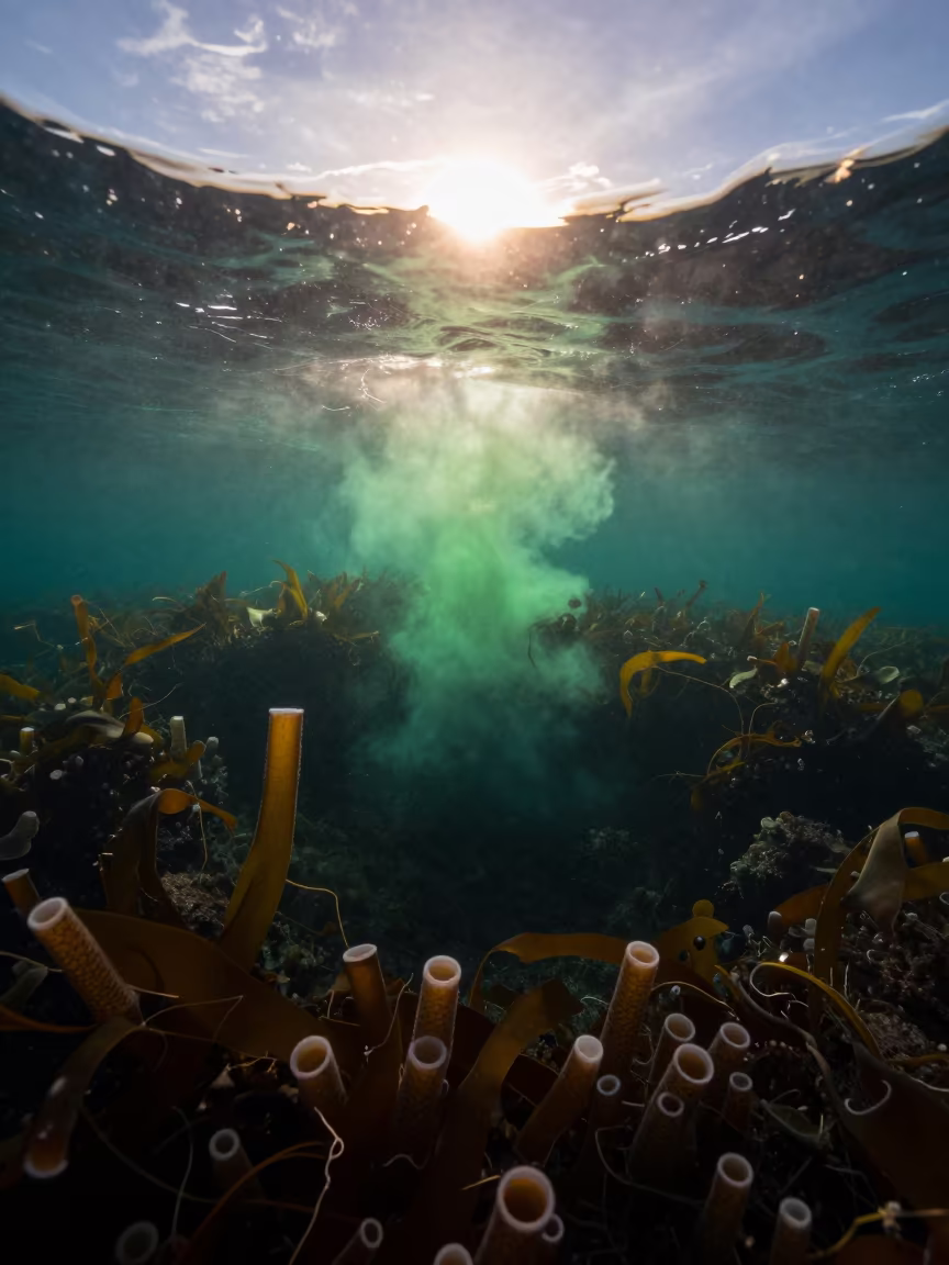 Silhouetted Tube Worms at Iceland Vent in along a kelp-fringed shelf in Iceland