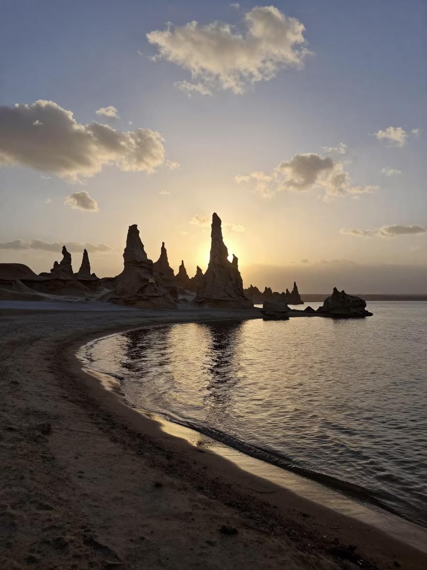 Silhouetted Tufa Tower Desert Lake Iran Sunrise in along a wave-cut shoreline in Iran