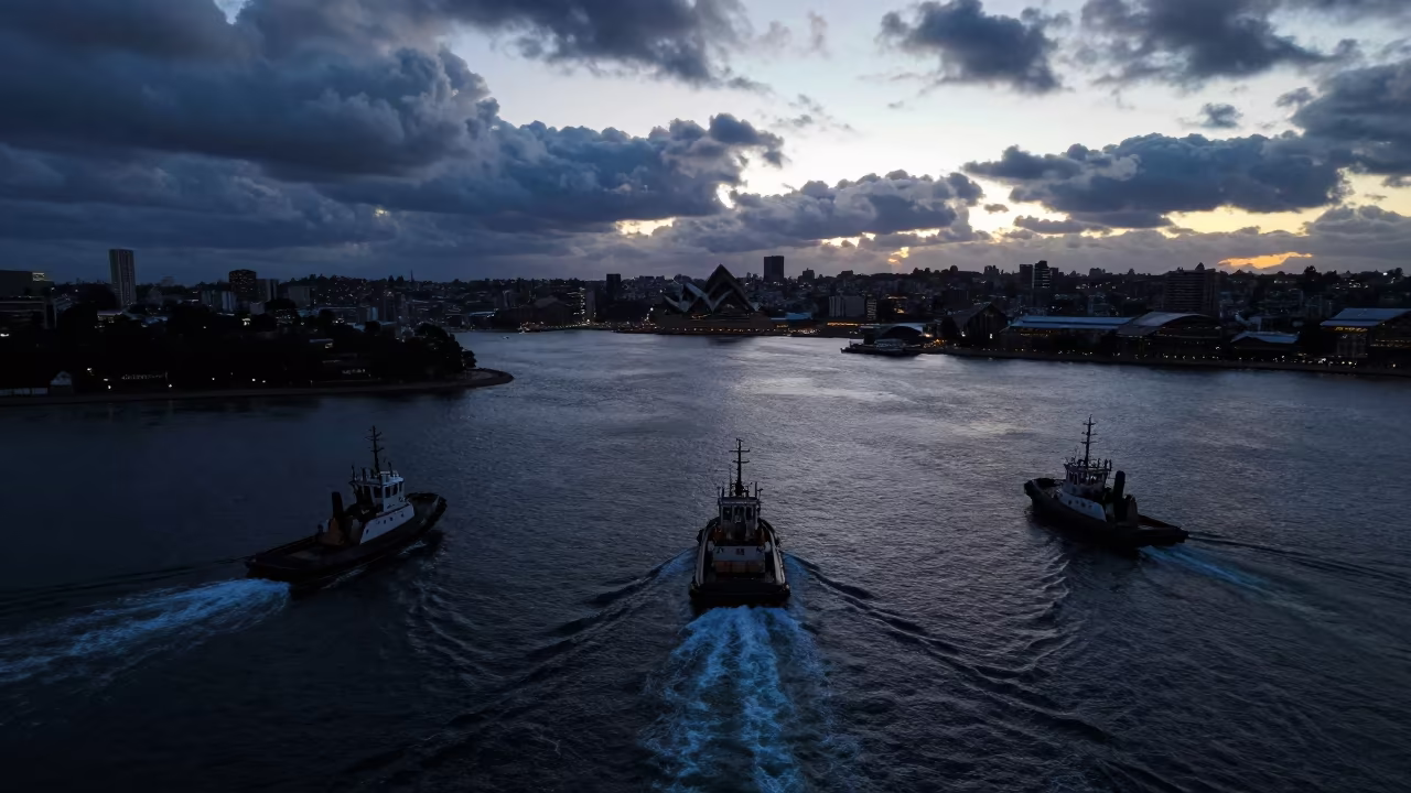 Silhouetted Tugboats Thread Sydney Harbor Maze at Dusk in along a switchback approach near Glebe, Sydney