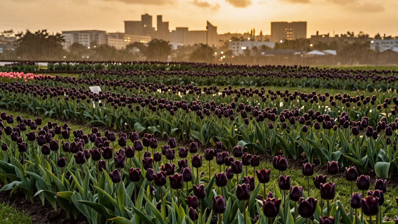 Silhouetted Tulips in Bahamian Terraced Garden in among terraced garden plots in Bahamas