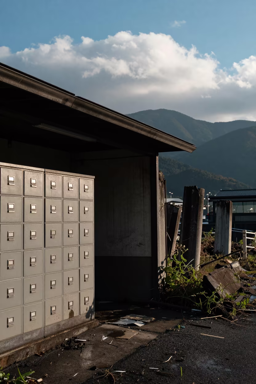 Silhouetted Tunnel Station Amidst Kanazawa Ruins in among toppled columns and nettles near Kanazawa