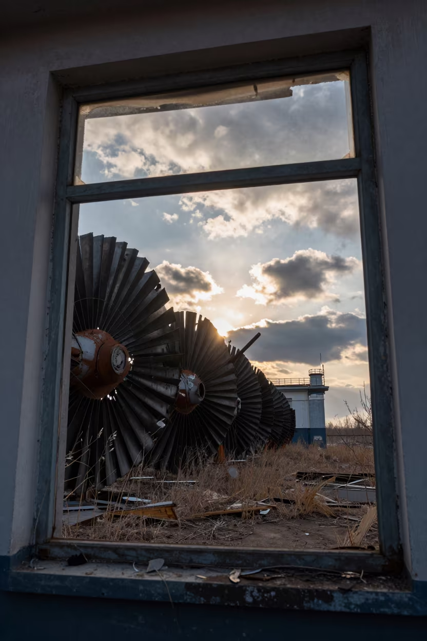 Silhouetted Turbines Through Derelict Window in near Harbin