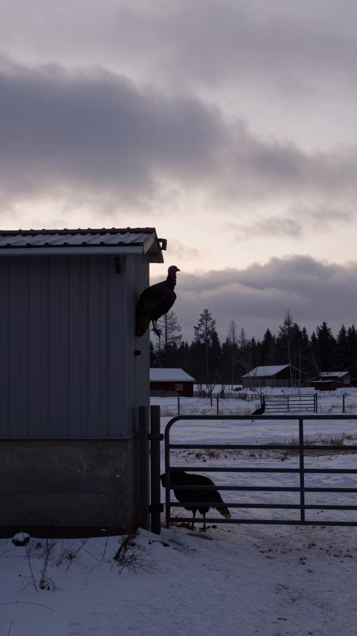 Silhouetted Turkey Barn Wall in Finnish Winter Twilight in beside a pasture gate in Finland