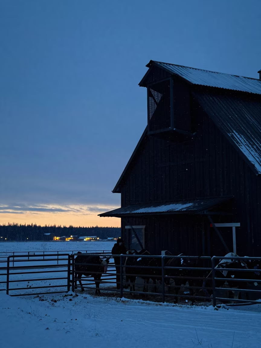 Silhouetted Turkey Barn Wall in Winter Light in inside a ranch corral in Northwest Territories