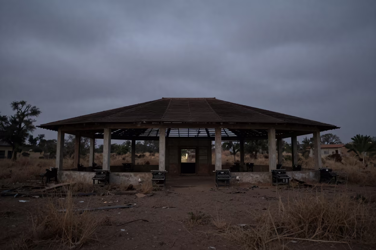 Silhouetted Typesetting Machines in Abandoned Séguéla Office in inside a roofless nave near Séguéla