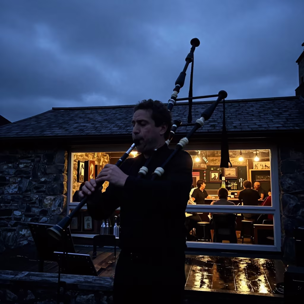 Silhouetted Uilleann Piper in Autumn Jazz Club Rize in at a jazz club in Rize