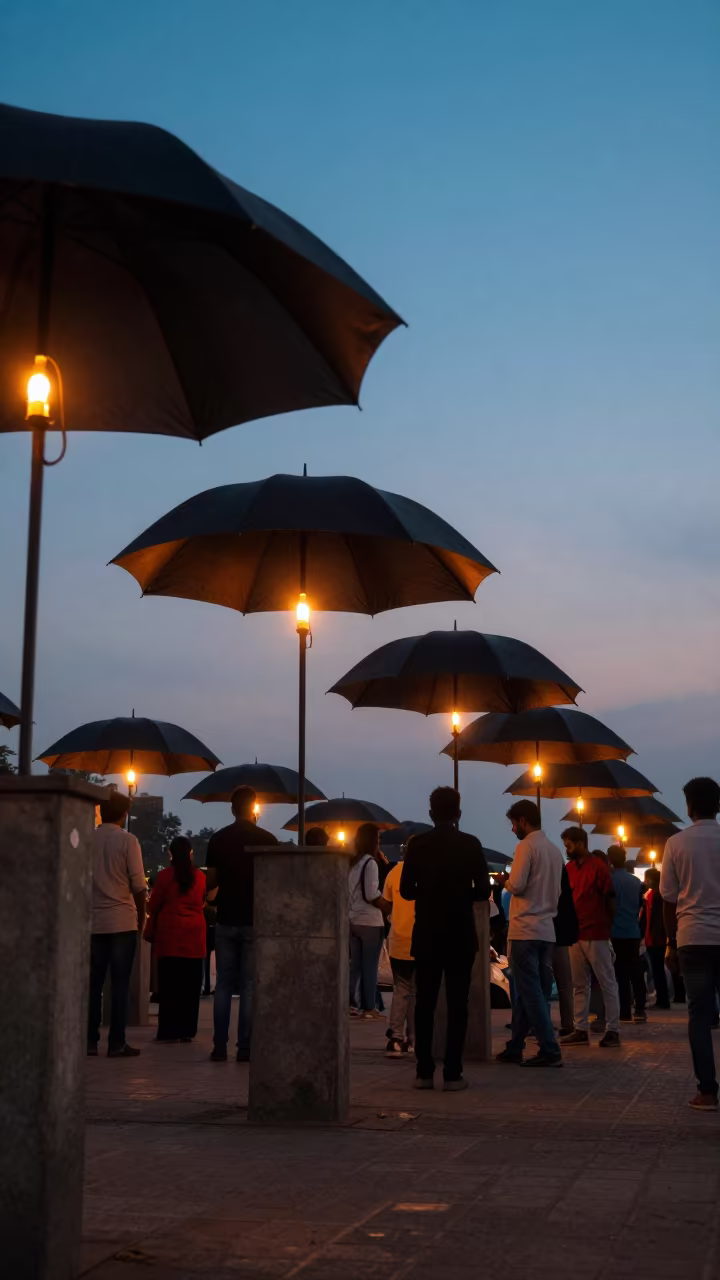 Silhouetted Umbrellas at Civic Vigil in in a public square near Navi Mumbai