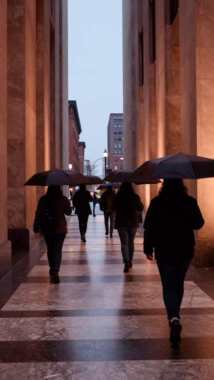 Silhouetted Umbrellas in Marble Hallway in in a community center hall in Cleveland