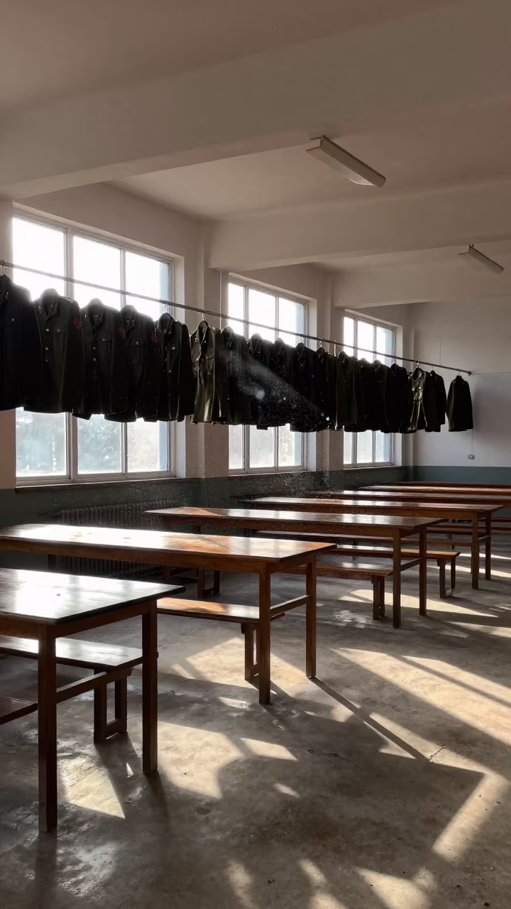 Silhouetted Uniforms in Kandahar Mess Hall in in a mess hall before service near Kandahar
