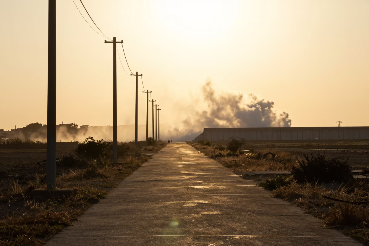 Silhouetted Utility Poles Along Sicilian Canal Towpath in beside a storm surge barrier in Sicily
