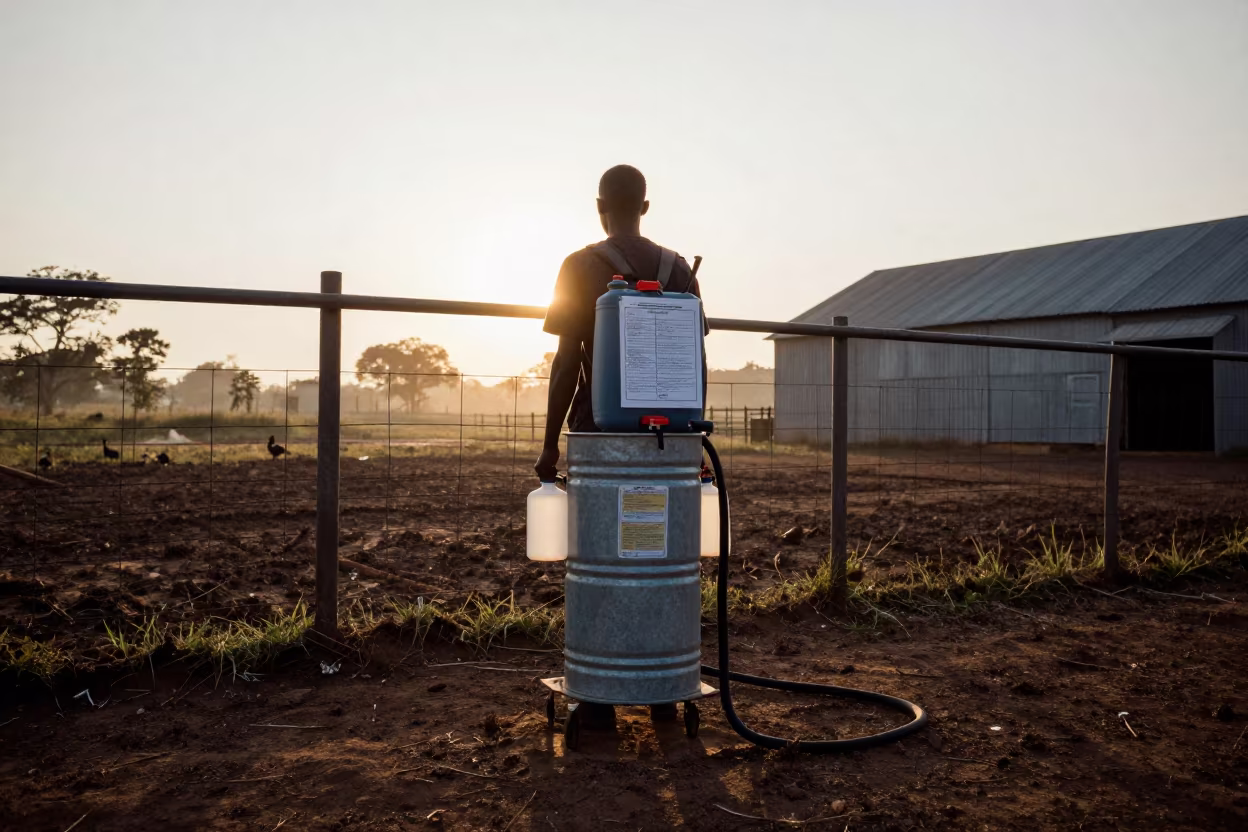Silhouetted Vaccination Sprayer Stand at Golden Hour in along a muddy paddock fence in Sierra Leone
