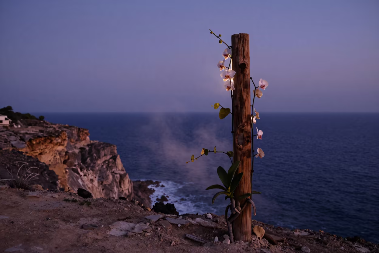 Silhouetted Vanilla Orchid on Cliff Post at Twilight in along a salt-sprayed cliff edge in Libya