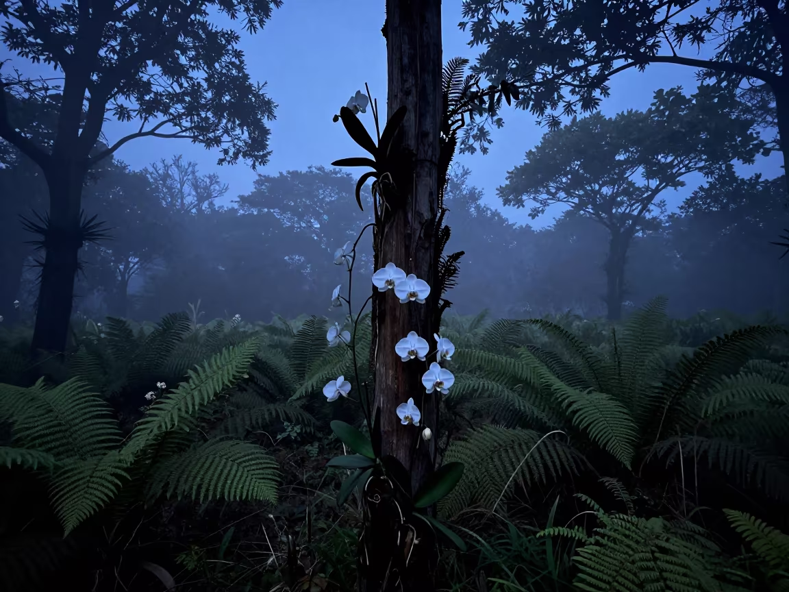 Silhouetted Vanilla Orchid Climbing Pole in Misty Djibouti Forest in on a fern-lined forest floor in Djibouti