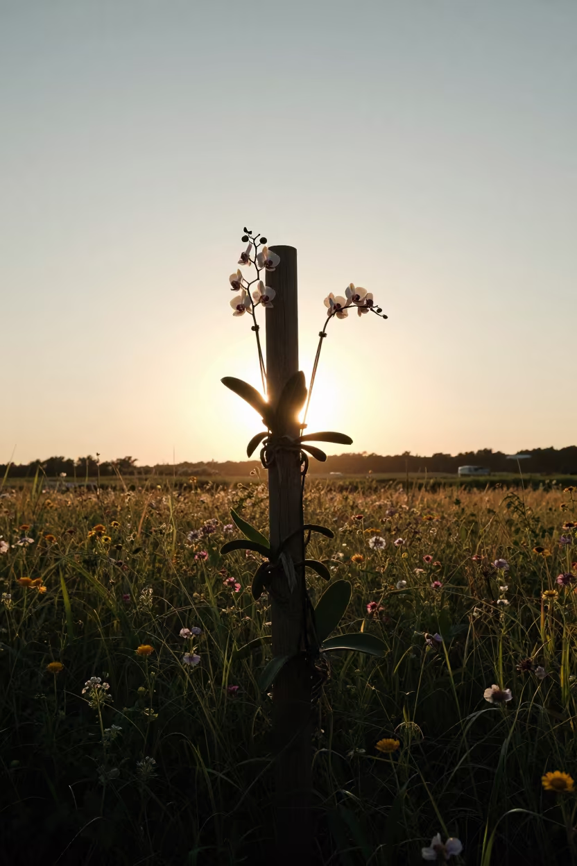Silhouetted Vanilla Orchid Against Sunset Sky in in a bloom-heavy meadow in South Korea