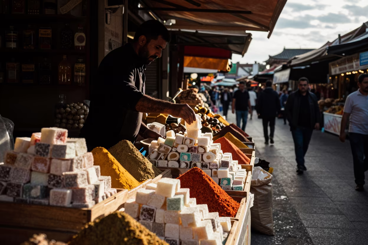 Silhouetted Vendor Scoops Turkish Delight in at a spice vendor's table in Beijing