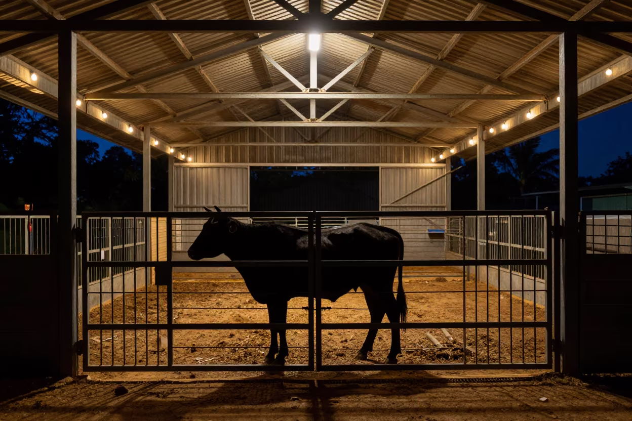 Silhouetted Veterinary Crush Gate in Sumatran Barn in beside a veterinary crush in a barn in Sumatra