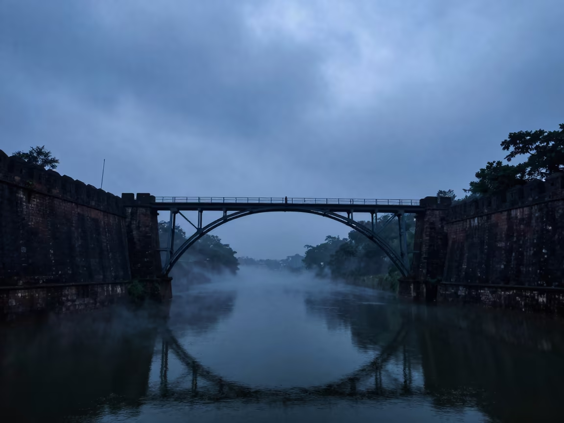 Silhouetted Victorian Bridge Over Misty Gorge at Blue Hour in outside a wind-scoured fortress wall in Bangladesh