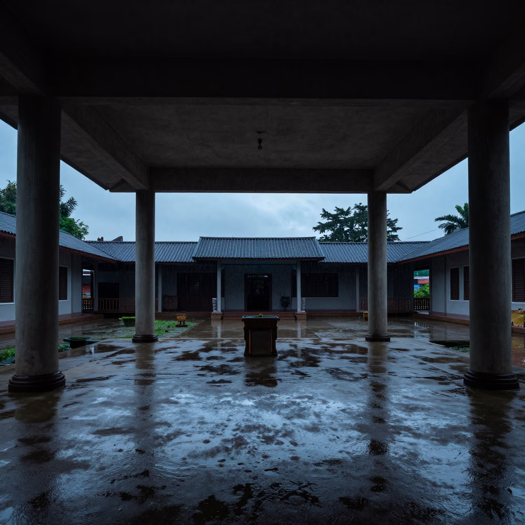 Silhouetted Vietnamese House in Rainy Evening Lobby in inside a ribbed concrete lobby near Mawlamyine