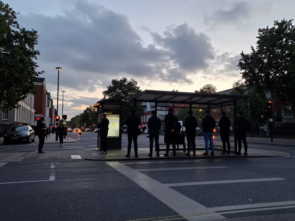Silhouetted Vigil at London School Crosswalk Dusk in at a crosswalk by a school gate near London