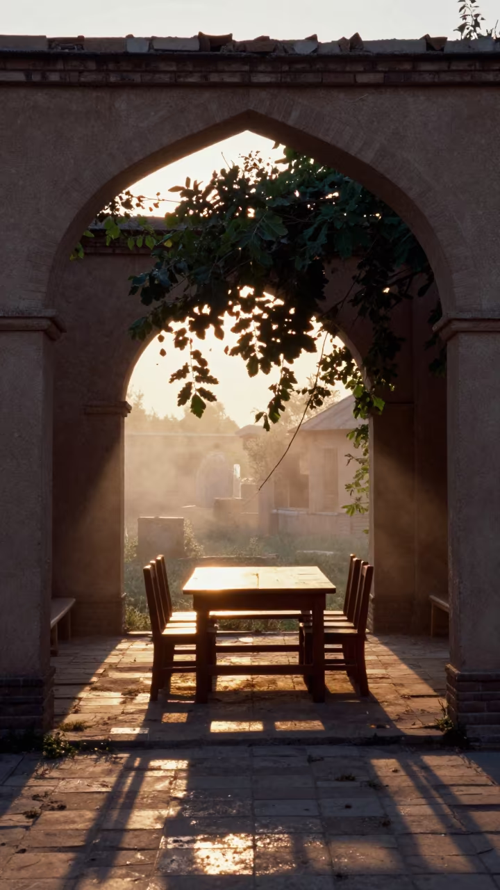 Silhouetted Villa Dining Room Fig Leaves in inside a roofless nave in Kazakhstan