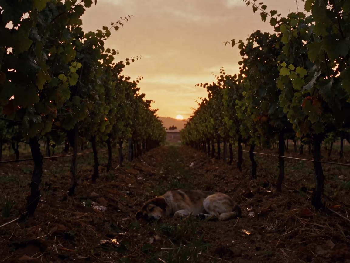 Silhouetted Vineyard Dog Sleeping in Sicilian Amber Light in between vineyard trellises in Sicily