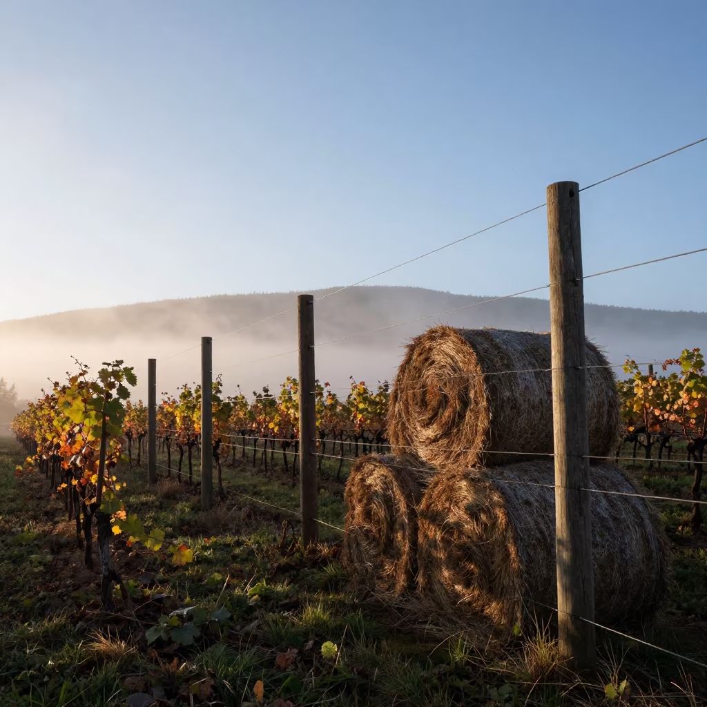 Silhouetted Vineyard Wires Against Morning Haze in beside stacked hay bales in British Columbia