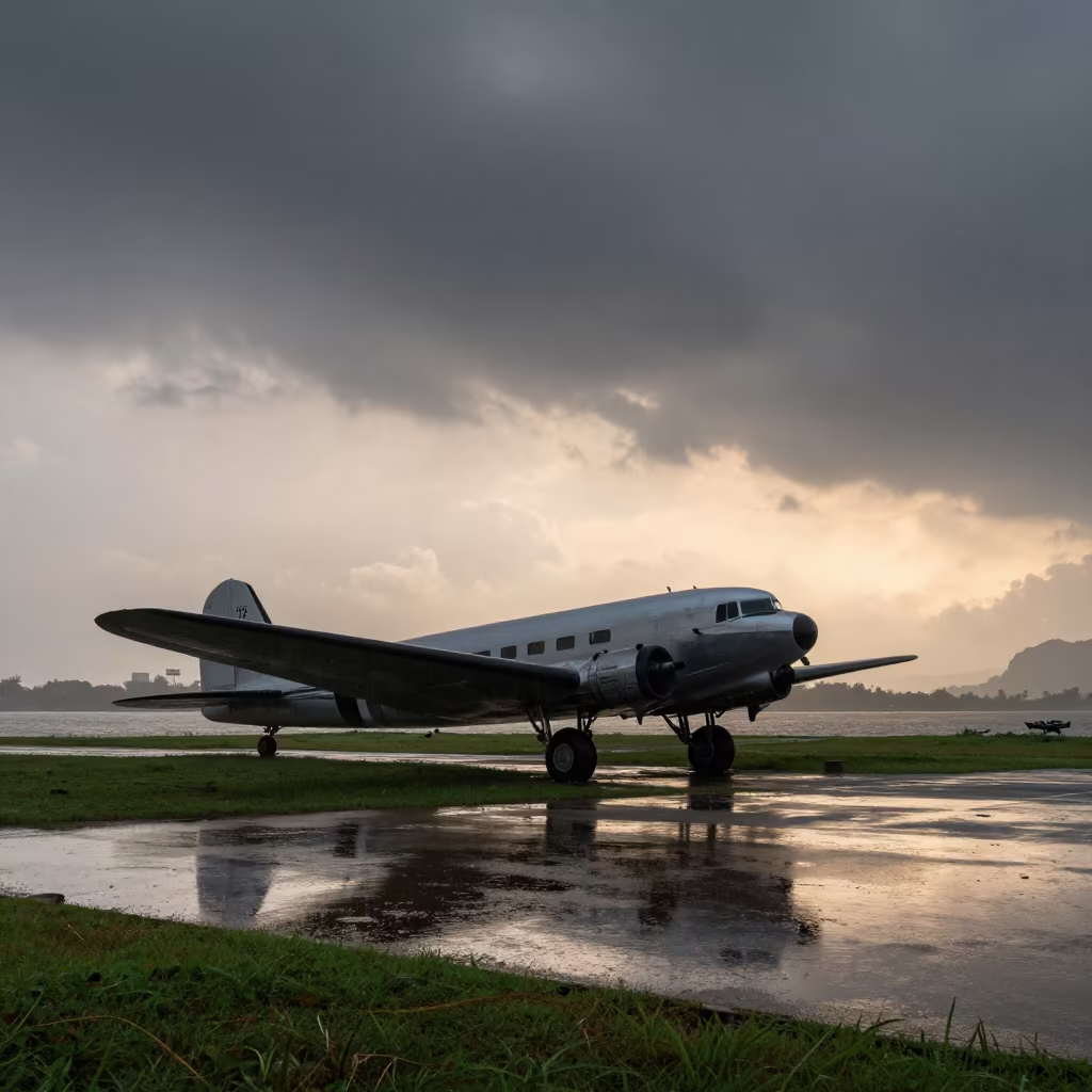 Silhouetted Vintage DC-3 on Thai Monsoon Airstrip in beside a fogbound harbor mouth in Thailand
