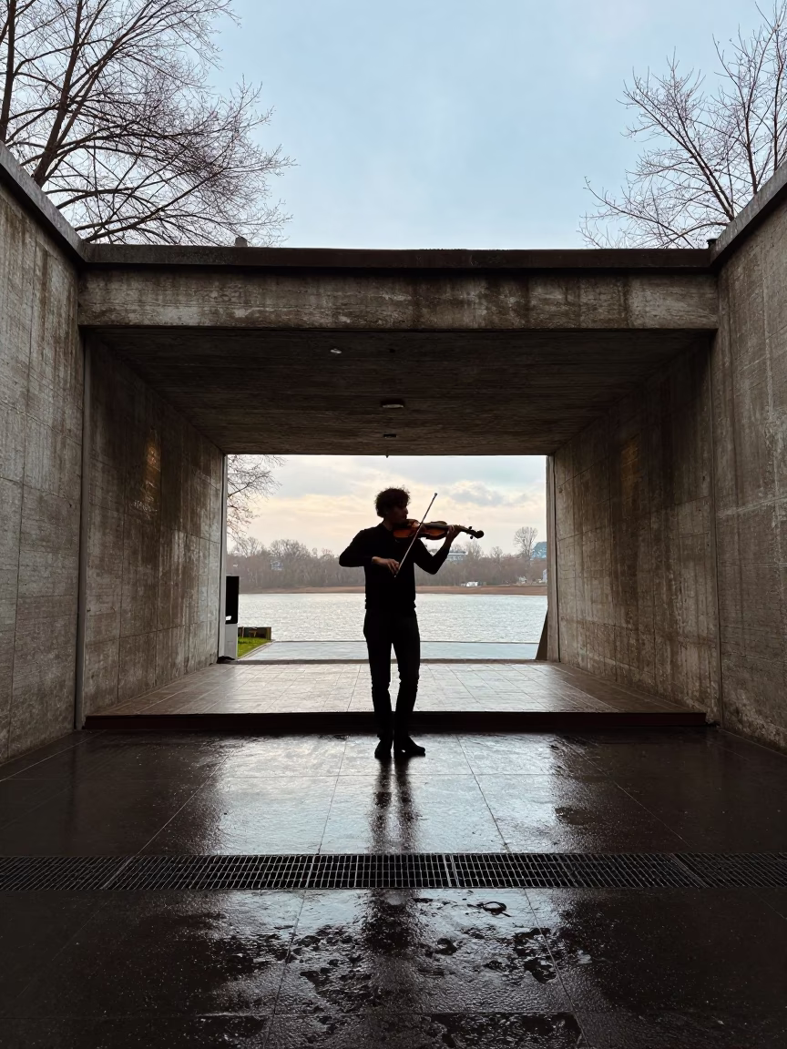 Silhouetted Violinist at Metro Tunnel Stage Van in on a theater stage in Van