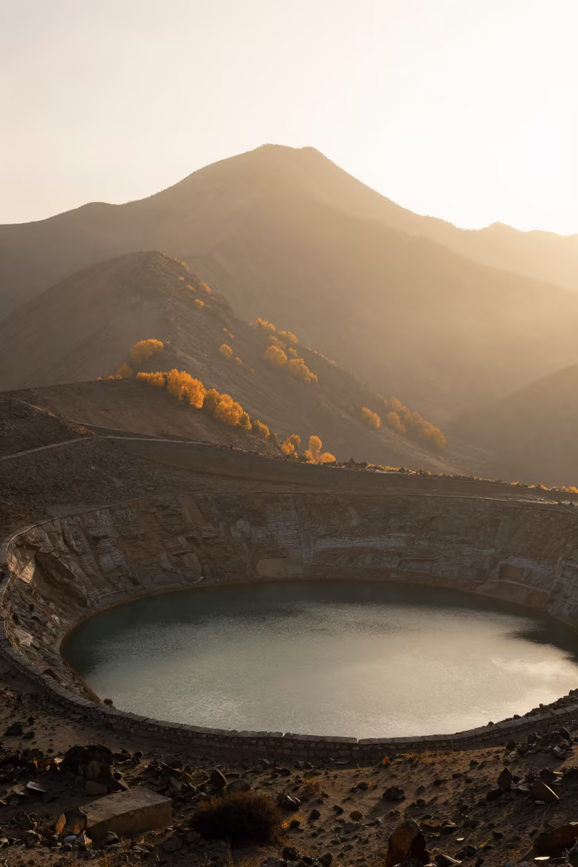 Silhouetted Volcanic Crater Lake in Autumn Mist in near Barkhor, Lhasa