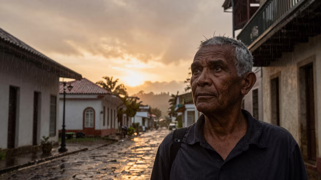 Silhouetted Volcanologist in Misty Victoria Seychelles Sunset in in the old quarter in Victoria Seychelles