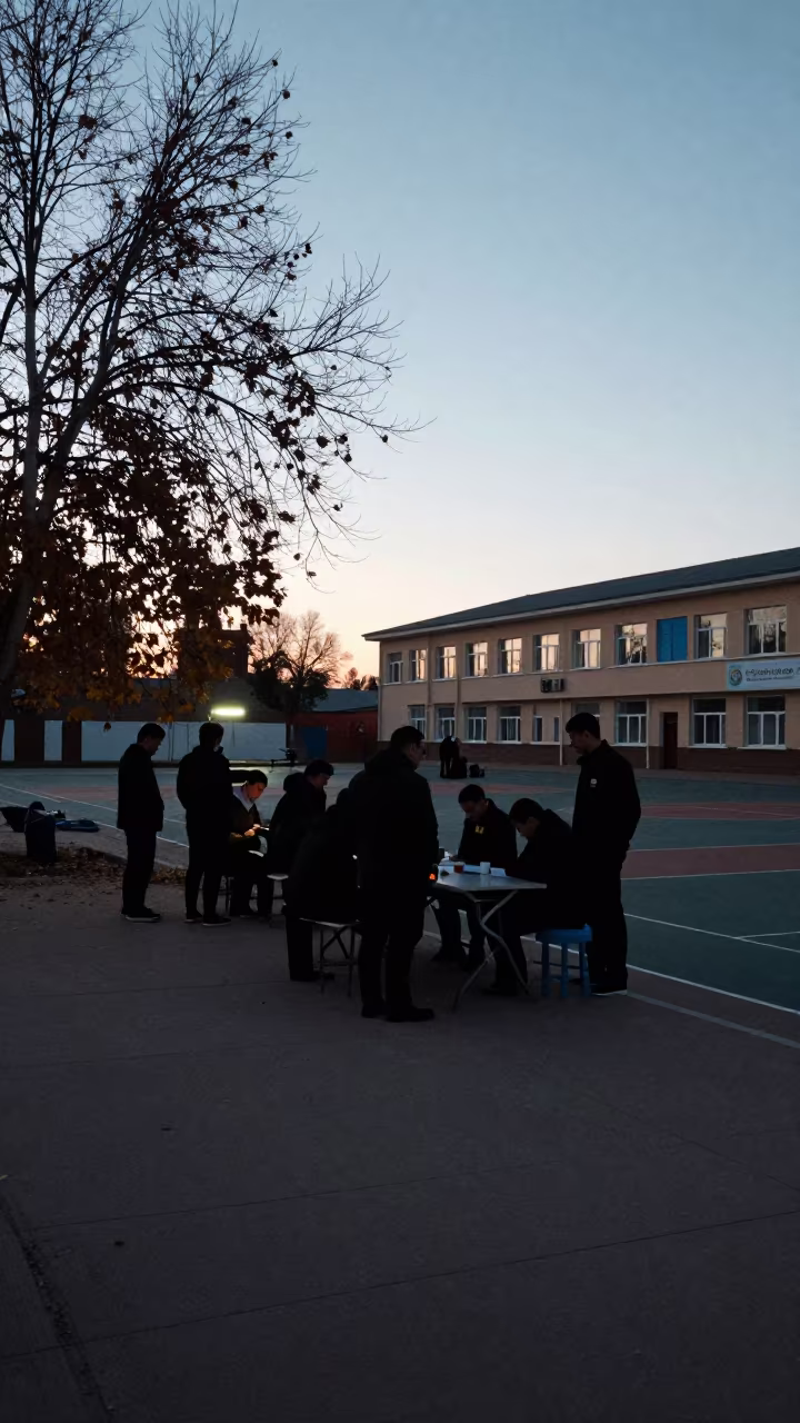 Silhouetted Volunteers at School Gym Dusk in inside a campaign office near Nukus