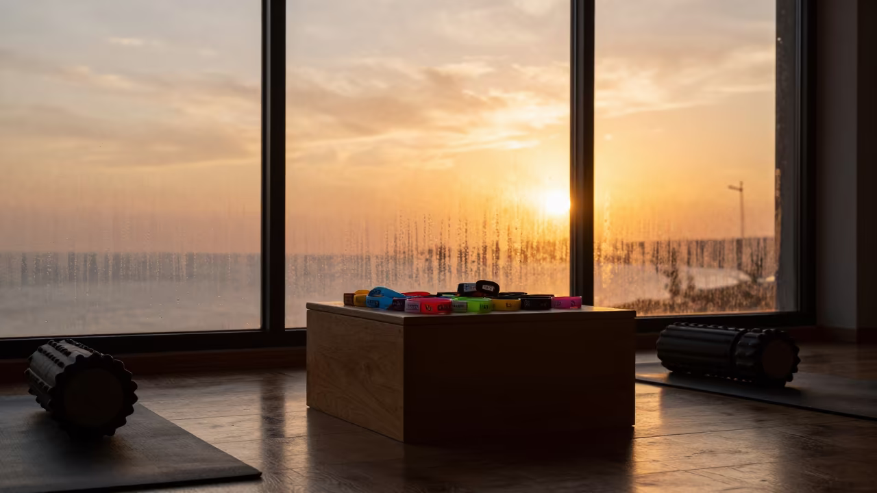 Silhouetted Waiver Box Sunset Recovery Lounge in inside a recovery lounge beside foam rollers in Mersin