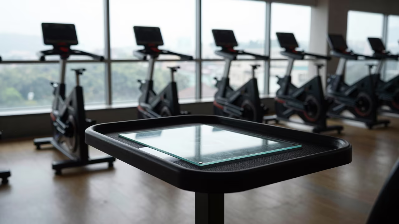 Silhouetted Waiver Scan Tray in Shenzhen Spin Studio in inside a spin studio under class lights in Shenzhen
