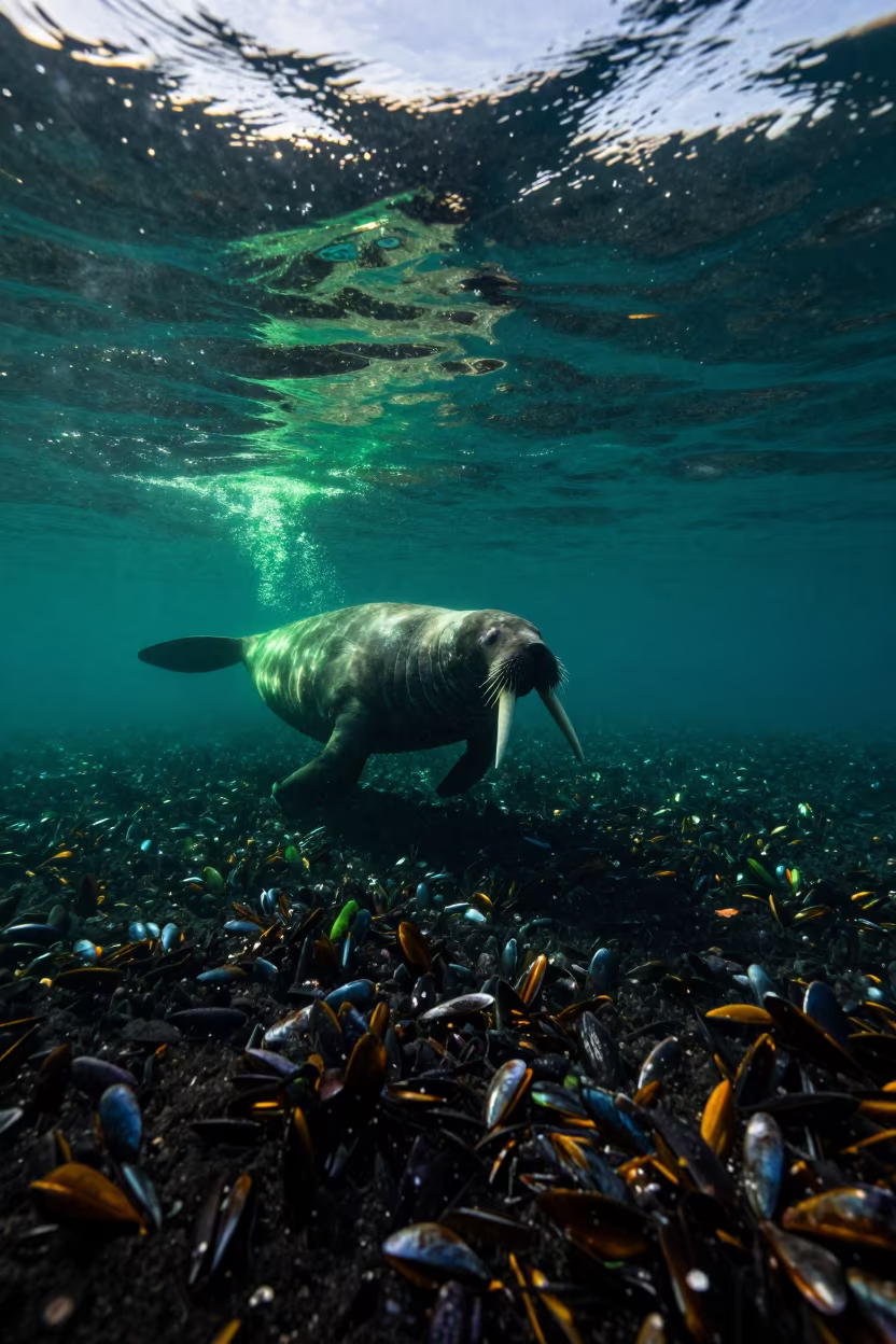 Silhouetted Walrus Diving Near Volcanic Drop-off in beside a volcanic drop-off near Naples