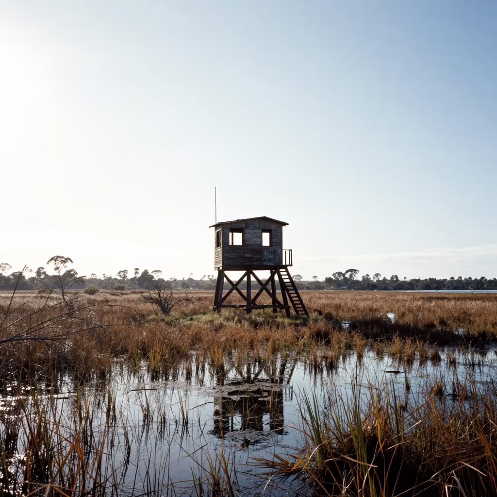 Silhouetted Watch Post Over Flooded Marsh Afternoon in near Melbourne